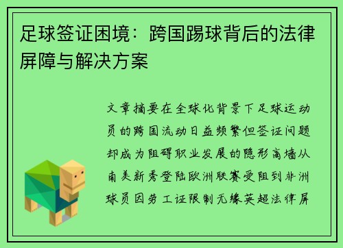 足球签证困境：跨国踢球背后的法律屏障与解决方案